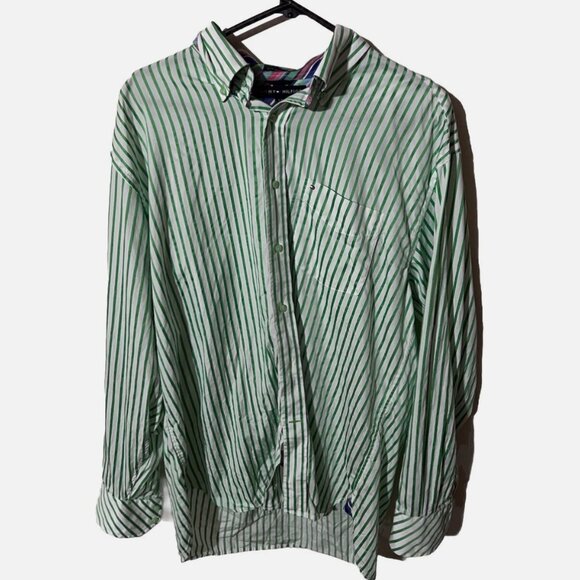 Tommy Hilfiger Men's Button Up Large Vertical Striped Shirt Green Preppy Summer - Picture 1 of 4